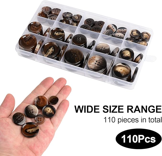 110Pcs Brown Patterned Mixed Sewing Buttons, 4-Hole Craft Round Blazer Buttons, 5 Color 3 Size (15mm, 20mm, 25mm) Suit Coats Resin Button, for Variety Clothing Sewing, DIY Craft (Brown Patterned)