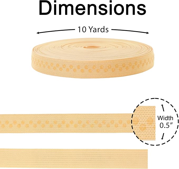 Mandala Crafts 0.5 Inch Elastic Silicone Gripper Tape for Clothing - 10 Yds Dotted Non Slip Elastic Band for Sewing - Blonde Silicone Flat Fabric Stretchy Ribbon Straps
