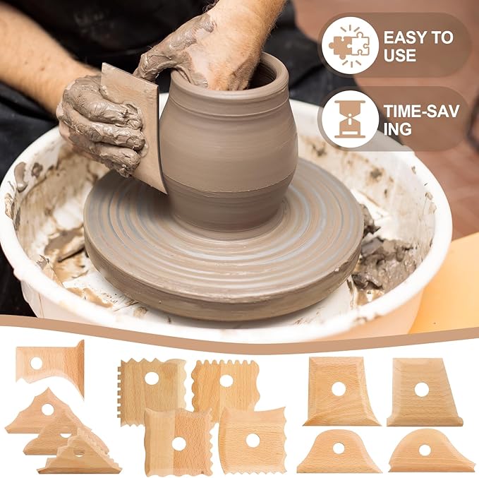 GlikCeil 12 Pcs Pottery Ribs Pottery Tools Pottery Foot Shaper Tools Pottery Trimming Tools Clay Texture Ribs Solid Beech Wood Pottery Ribs for Carving Clay Molds Clay Ceramics