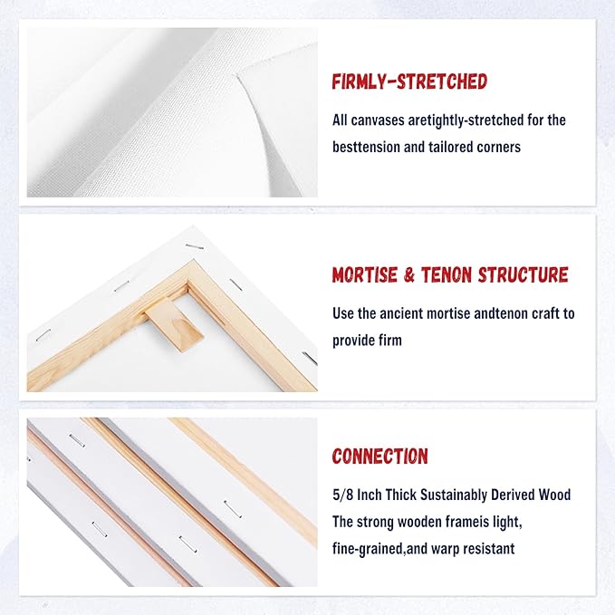 Stretched Canvas for Oil/Acrylic Painting 12x12 Inch (6 Pack) - 100% Cotton Triple Primed White Artist Canvas Boards, Blank for Acrylic, Oil, Watercolor - Professional Art Supplies