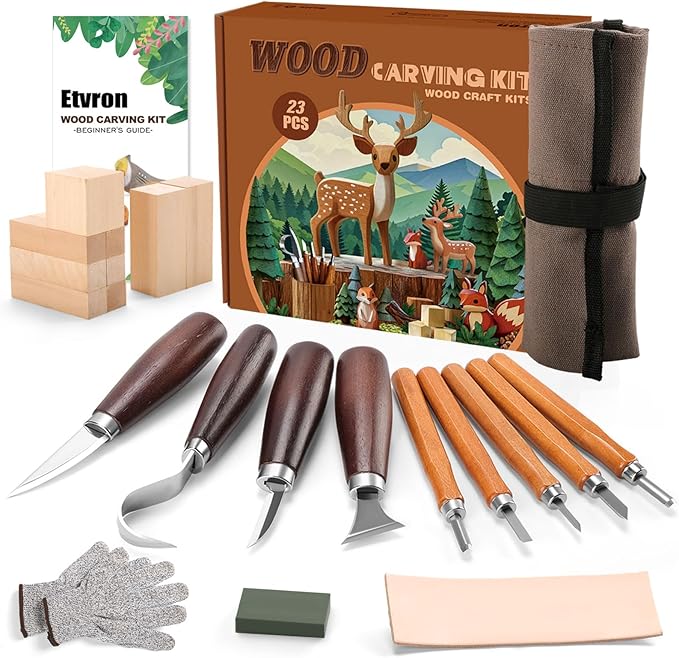 Wood Craving Kit,23Pcs Wood Craving Tools Include 4PCS Carving Knives,5PCS Detail Knives, 9PCS Blocks, Cut-Proof Gloves,Packaging, Beginner’s Guide,Whittling Kit for Kids and Adults Beginners.