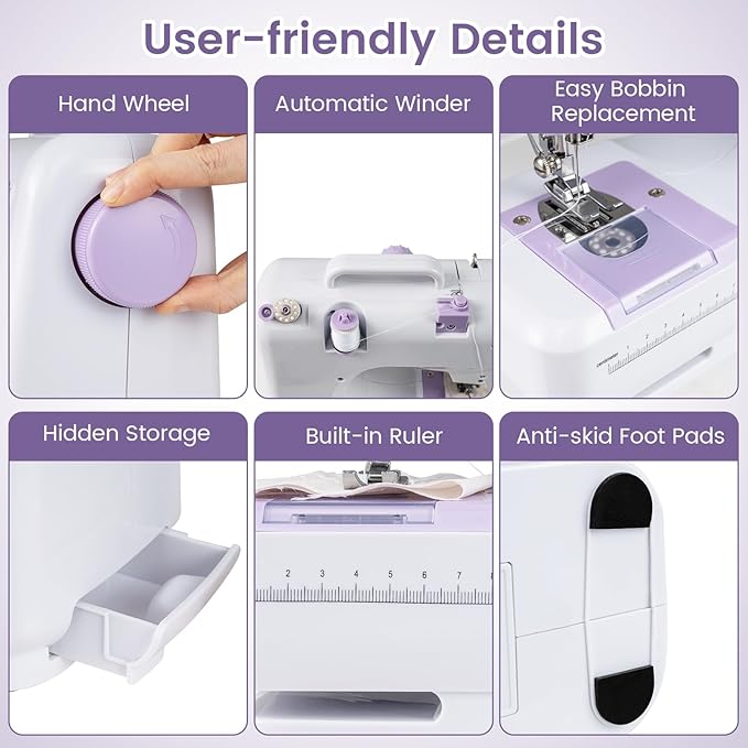 COSTWAY Sewing Machine for Beginner, Portable Mini Electric Sewing Machine with 12 Built-in Stitches, Accessory Kit, LED Light, 2 Speeds & Foot Pedal, Storage Drawer, Ideal for Home DIY Projects