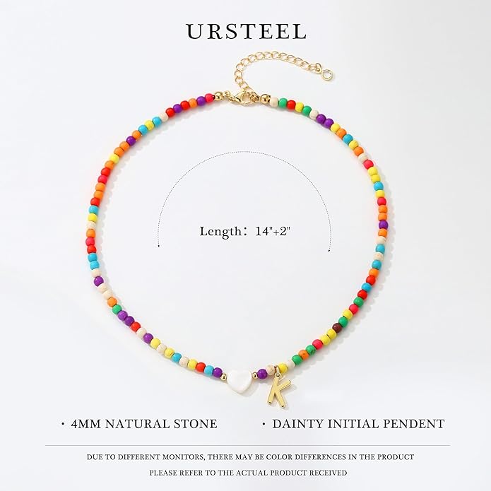 Ursteel Colorful Initial Cute Necklaces for Girls - Trendy Beaded Choker Necklace for Women Teen Girl, Handmade Letter Necklace Valentines Galentine Gifts for Women Girls Jewelry