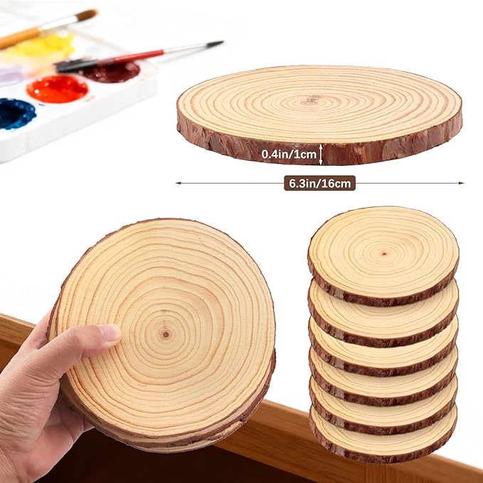 FSWCCK 6 PCS Unfinished Wood Slices for Centerpieces - 6-7 Inch,Round Natural Discs with Tree Bark, Wooden Cookies Circles for Crafts Christmas Ornaments, Rustic Wedding Decor,Table Decoration(6"-7")