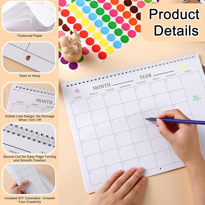 Harloon Blank Scrapbook Wall Calendar Sheets 2026 Undated Monthly Weekly Scrapbook Planner 16 Sheet DIY Blank Custom Calendar with 140 Sticker 12 x 9" Closed 18" Open Size for Office Home(White)