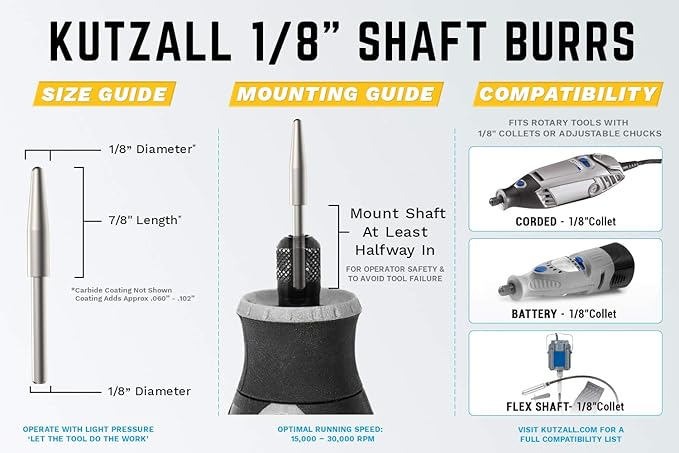 Kutzall Original Taper Rotary Burr, 1⁄8" Shaft, Coarse - Wood Carving Bit for Dremel, Foredom, DeWalt, Milwaukee. Abrasive Tungsten Carbide, 1⁄8" (3.1mm) Head Dia. X 7⁄8" (22.2mm) Length, T-18-E