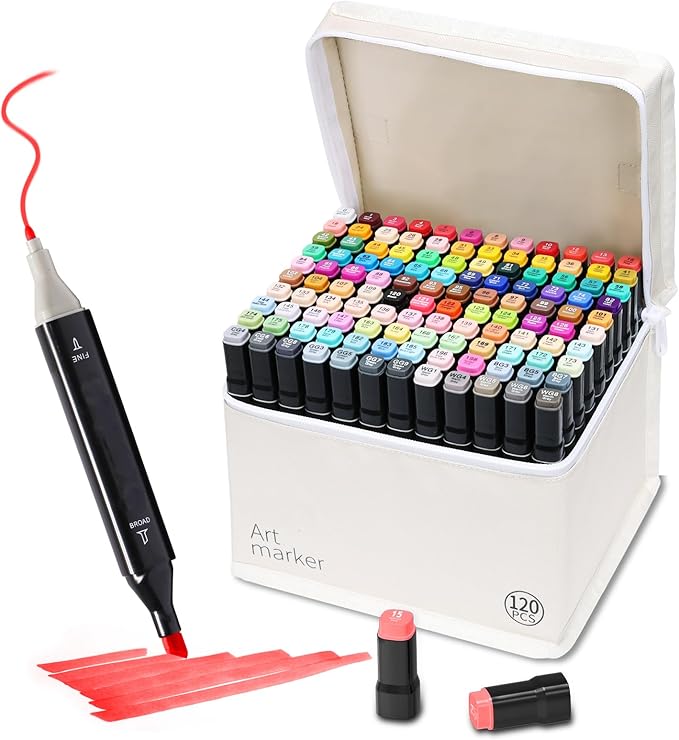 Alcohol Art Markers, 120 Colors Fine & Chisel Dual Tip Marker Set with Case, Permanent Art Markers for Adults Sketching Painting Drawing and Coloring