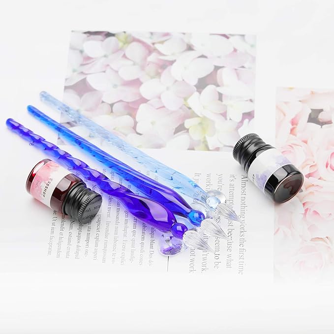 ESSSHOP Glass Pen Calligraphy Set - 3 Blue Crystal Dip Pens Color Ink and Pen Holder Art Supplies Kit for Signatures Beginners Journaling Lettering Drawing Holiday Gift Decoration