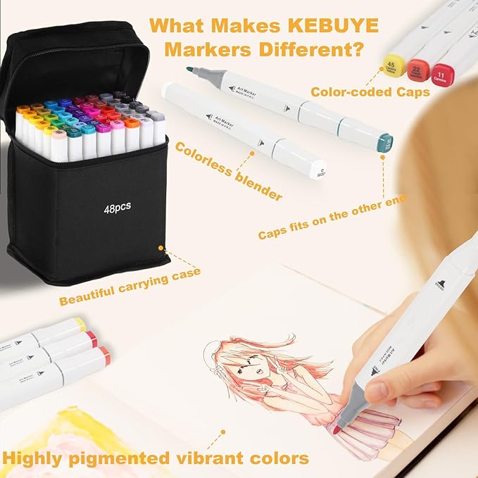 Alcohol Based Markers 48 Colors, Dual Tip Art Sketch Markers, Drawing Pens Permanent Markers for Adult Kids Artist Coloring