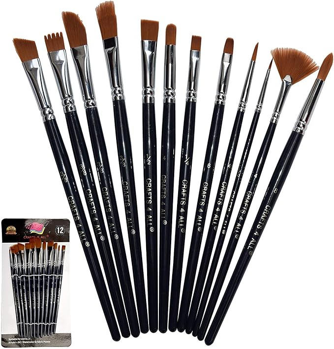 Crafts 4 All Acrylic Paint Brushes - Pack of 12 Professional, Wide and Fine Tip, Nylon Hair Artist Paintbrushes - Paintbrush Bulk Set for Watercolor, Canvas, Craft, Detail & Oil Painting