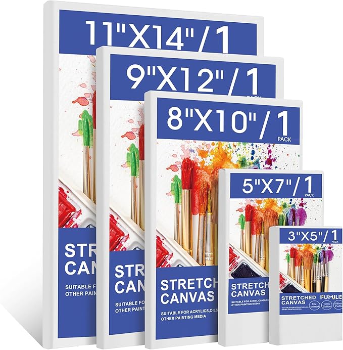 FUMILE Stretched Canvas, Canvases for Painting Multi 5 Pack 3x5,5x7,8x10,9x12,11x14(1 of Each), Cotton Primed Acid Free Blank Canvases for Painting for Oil Paint, Acrylic Paint, Gouache and Tempera.