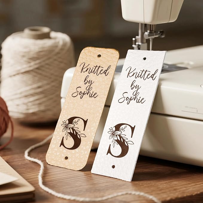 callie Personalized 10-100Pcs Leather Tags with Rivets - Custom Text & Initial, Handmade with Love Labels for Crochet Items, Gifts for Knitting Sewing Crafting Lovers