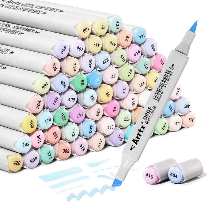 Arrtx Pastel Markers Oros 66 Colors, Oros Dual Tip(Brush & Chisel) Sketch Art Markers for Artist Adult,for Sketching, Coloring, Calligraphy,Drawing