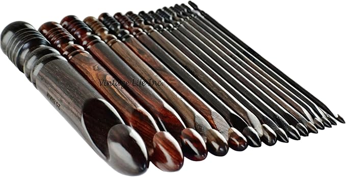 DnU Avenue Rosewood Set of 15 Ergonomic Crochet Hooks 3.5 MM to 25 MM, Wooden Yarn Crochet Hooks for Arthritic Hands, Knitting & Crochet Hook Organizer, Soft Grip, Wood Finish, Brown (Only Hooks).
