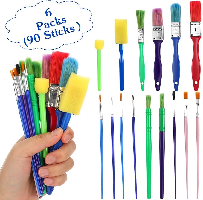 90 Pcs All Purpose Paint Brush Set Bulk for Acrylic and Washable Paints, Easy to Clean and Hold, Round and Flat Brushes, Great with Watercolors