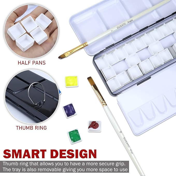 DUGATO Medium Empty Watercolor Palette Tin with Lid - Holds 24 Half Pans (37 Included), 6 Fold-Out Mixing Areas - Metal Travel Box for DIY Art