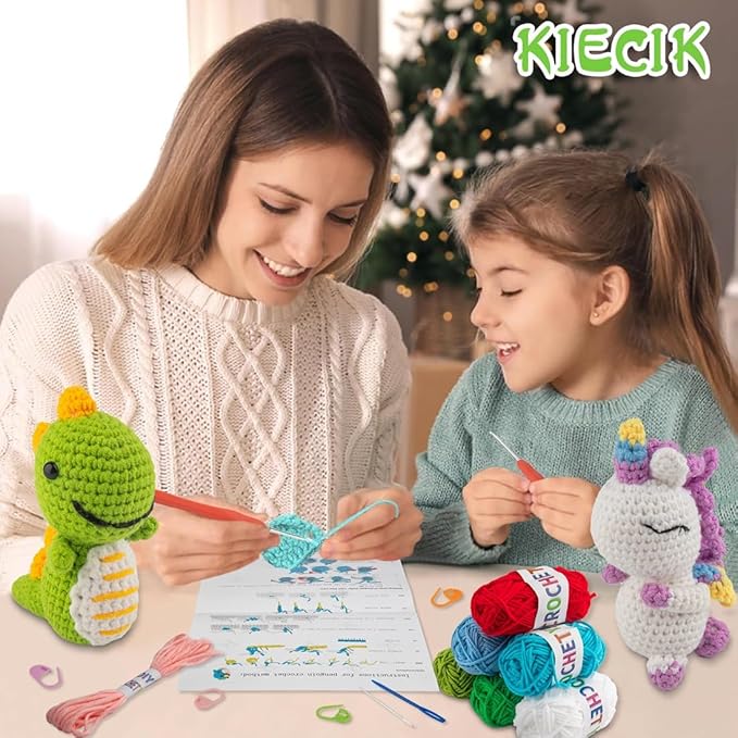 KIECIK 6Pcs Crochet Kit for Beginners, Knitting Kit for Adults, Crochet Animal Kits with Step by Step Videos Tutorials, Knitting Kit Great Birthday Holiday Gift, DIY Keychain Pendants (Set-01)