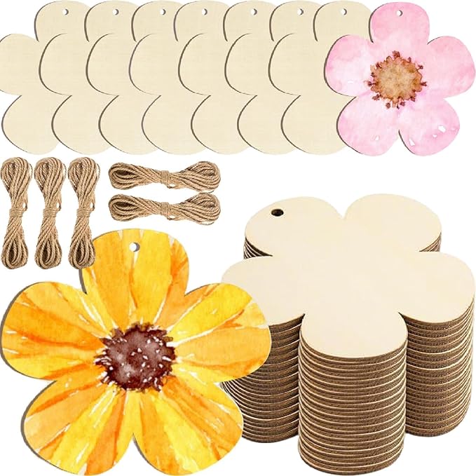 50 Pcs Wooden Ornaments, BetterJonny 3.15 * 2.56in Unfinished Natural Wood Slices with Holes Blank Wood Discs with 50pcs Jute Rope for DIY Christmas Decoration