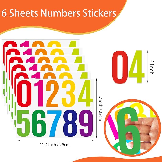 6 Sheets 4 Inch Mailbox Numbers Stickers Vinyl Decals,Self Adhesive Number Waterproof Large House Address Numbers for Outside Mailbox,Sign,Window,DIY Crafts,Door,Car,Home,Business(Multicolor)