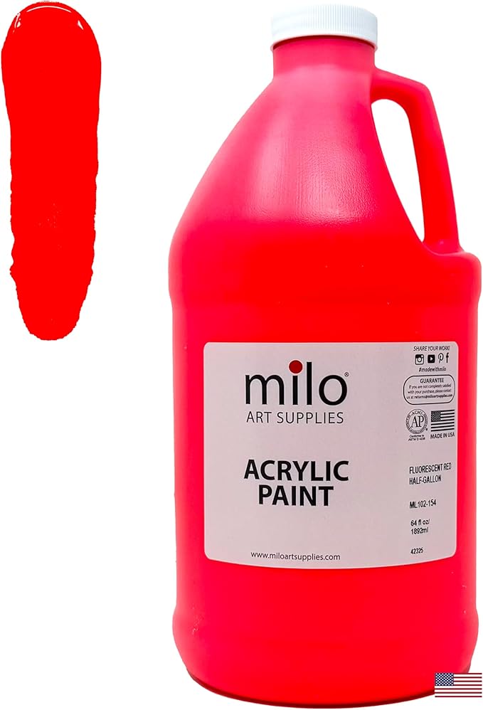 milo Fluorescent Red Neon Acrylic Paint | 64 oz Bottle Half Gallon | Glows UV in Black Light | Non-Toxic Made in USA | Bulk Art Paint for Party, Student, Classroom, Artist | Paint in the Dark