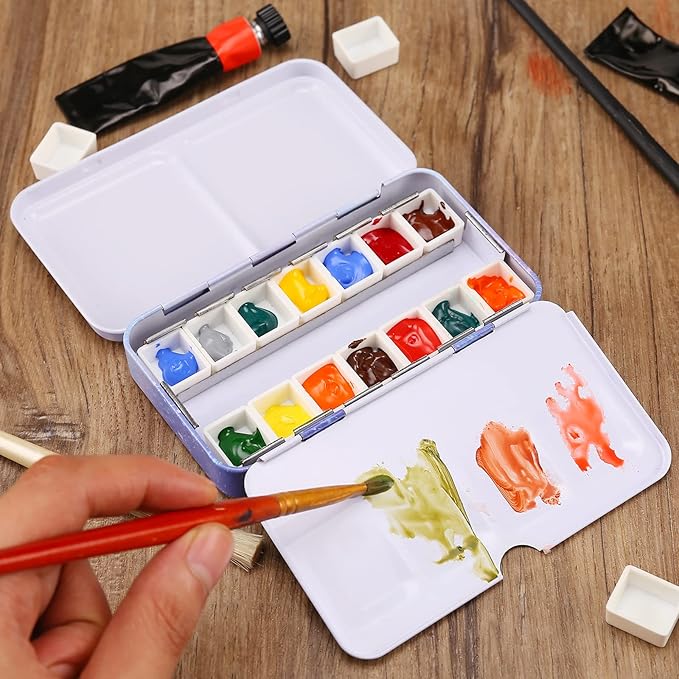 MYARTOOL Empty Watercolor Palette, Metal Watercolor Tins Box Palette Paint Case with 12 Empty Half Pans, Paint Tray Palette Suitable for Watercolor, Acrylic, Gouache, Oil Painting