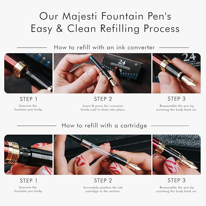Wordsworth & Black Majesti Fountain Pen-(Silver), Luxury Case, 24K Gold Finish; 18K Gilded Medium Nib- Ink Cartridges, Refillable Ink Converter-Calligraphy Pen-Best Business Gift Set for Men & Women