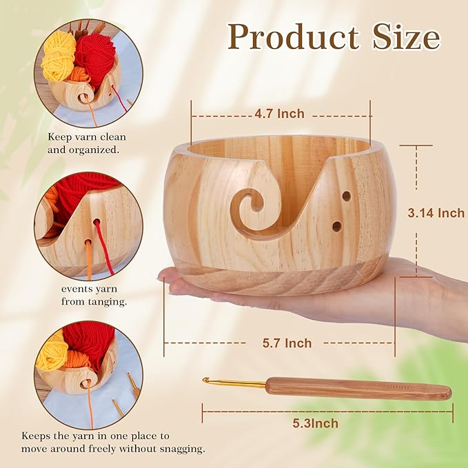 Wooden Yarn Bowl with 8Pcs Metal Crochet Hooks, Knitting Yarn Bowl with Holes Storage Handmade to Prevent Slipping, Perfect Yarn Holder Bowl for Crocheting and Knitting Mother's Day Gift 5" x 3"