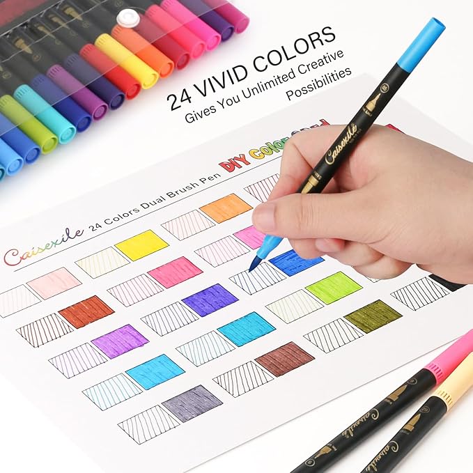 24 Colors Duo Tip Pen Art Markers, Artist Fine & Brush Tip Marker Coloring Markers for Adult Coloring Books Journaling Note Taking Lettering Calligraphy Drawing Pens Supplies