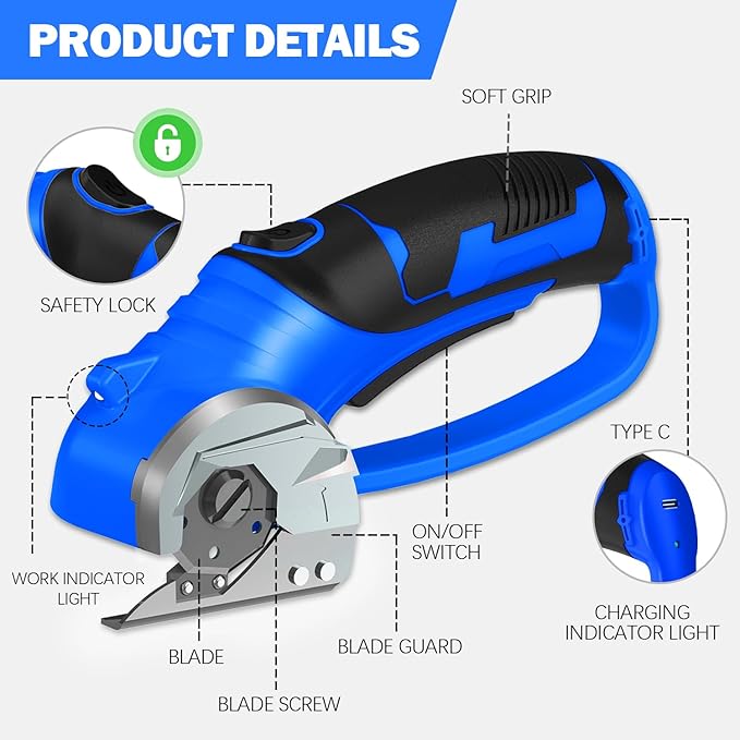 Cordless Electric Scissors, 4V Box Cutter & Cardboard Cutter with Upgrade Blade, LED Light, Safety Lock - Rechargeable Rotary Cutter for Fabric, Leather, Plastic, Sewing, Industrial (Royal Blue)