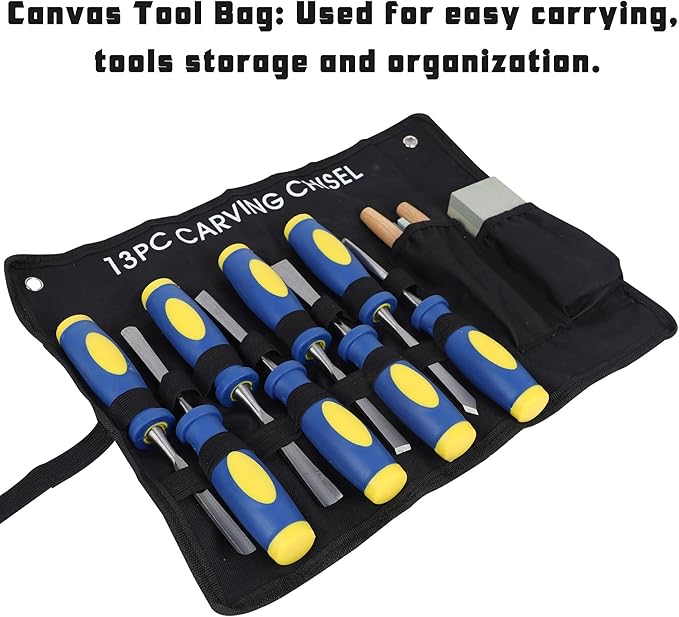 Lulu Home 13 PCS Wood Chisel with Canvas Bag, Wood Carving Tool Set Including Steel Beveled Chisel Tools with Rubber Handles, Rasps and Sharpening Stones for Woodworking