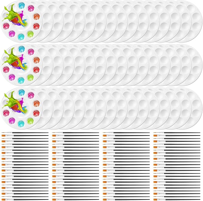 150 Pcs Painting Brushes Palettes Set 100 Watercolor Paint Brushes 50 Tray Palettes Art Classroom Supplies Paint Party Favors for Adults Students Classroom Birthday Party(Black)