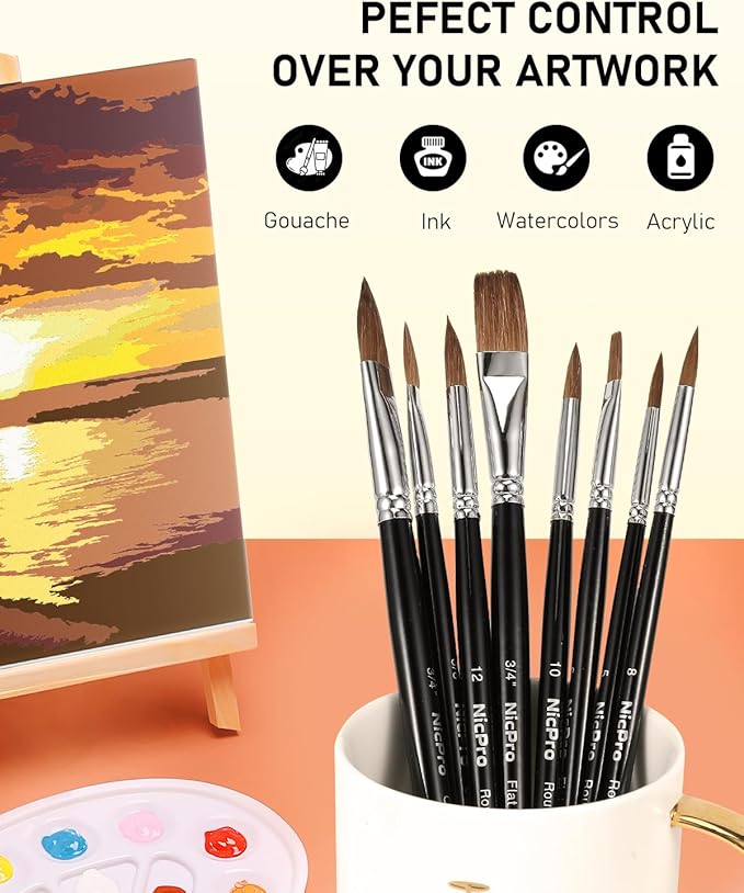 Nicpro Kolinsky Sable Watercolor Brushes, 10PCS Professional Sable Paint Brush Set with Nylon Holder for Watercolor Acrylic Gouache Inks Painting with Flat, Round Pointed, Cat's Tongue Oval Wash