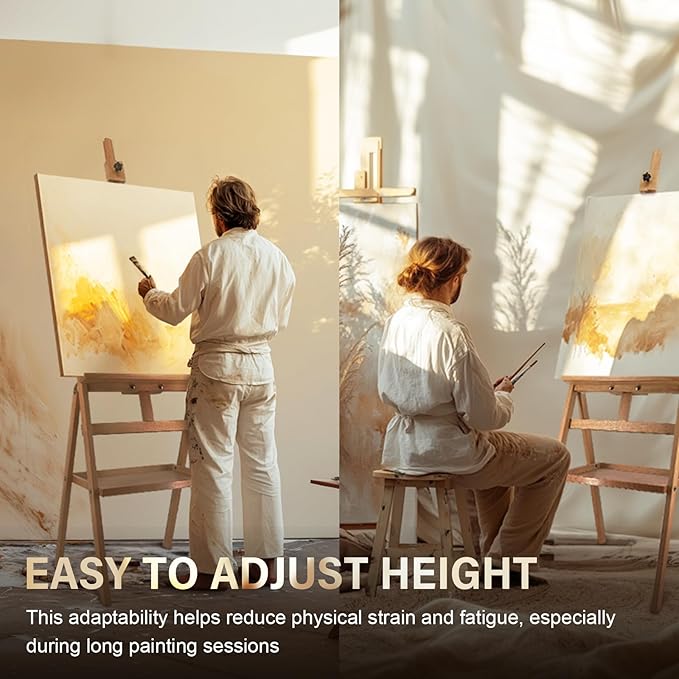 Solid Beech Wood Painting Easel with Storage Plate (60"~75" H), H-Frame Adjustable Art Wooden Easel Stand with Signature Plate for Adults, Students,Sturdy Canvas Holder up to 36''