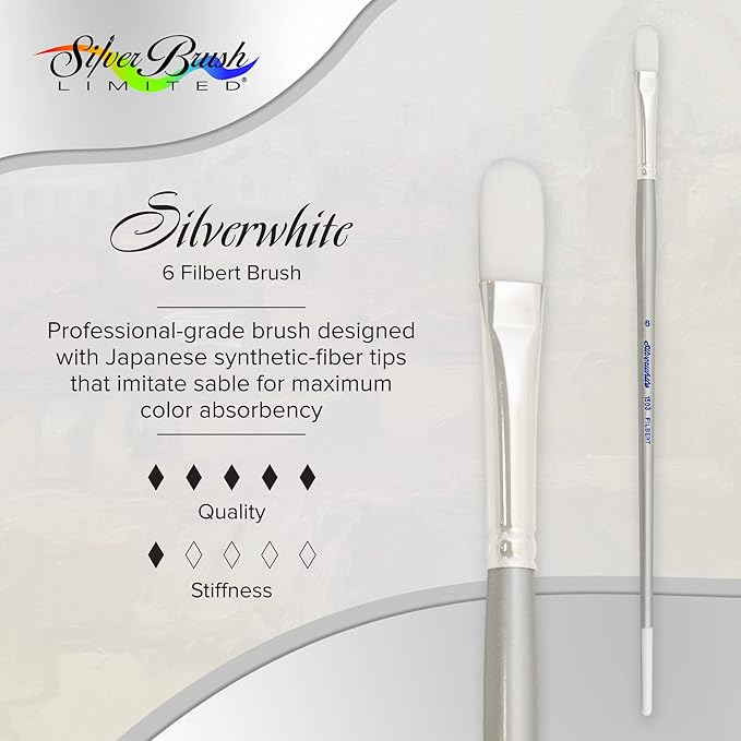 Silver Brush Limited 1503-6 Silverwhite Filbert Paintbrush for Watercolor, Gouache, Inks, Dyes, Fluid, & Flow Acrylic, Size 6, Long Handle