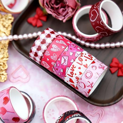 Valentine's Day Washi Tape Set - 16 Rolls Pink & Red Decorative Tape for Love Letters, Journals & Gifts (0.6" x 10 ft) - Hearts, XOXO, Love, Candy, Rainbows, Love Letters
