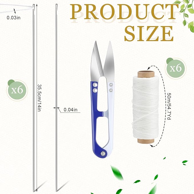 Leriton 13 Pcs Lei Needle Kit Include 6 Pcs Stainless Steel Long Needle 6 Twine 1 Sewing Scissors for DIY Marigold Garland Hawaiian Flowers Bead Stitch Craft(10.2‘’,Novel Style)