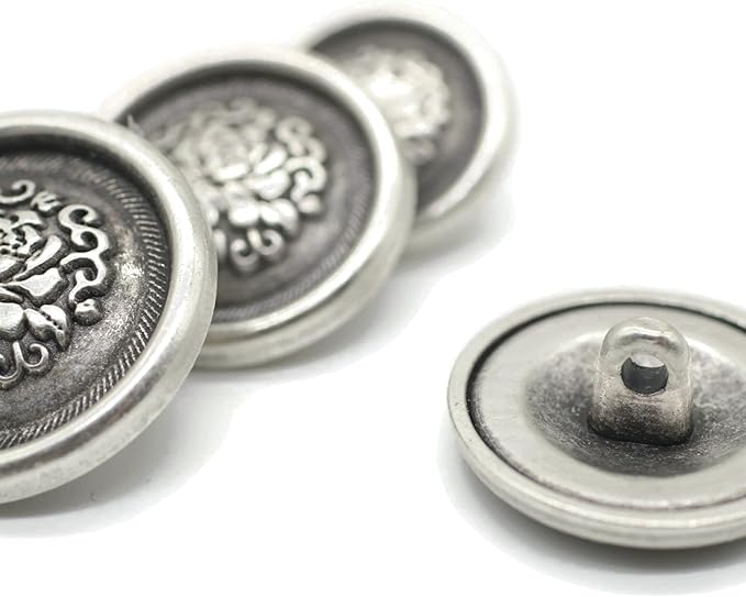 Antique Silver Metal Buttons - 12 Pcs - 3 Size Options - Floral Round Metal Shank Buttons Vintage for Men Women Blazer Coat Uniform Shirt Suit and Jacket Sewing Craft DIY N12501