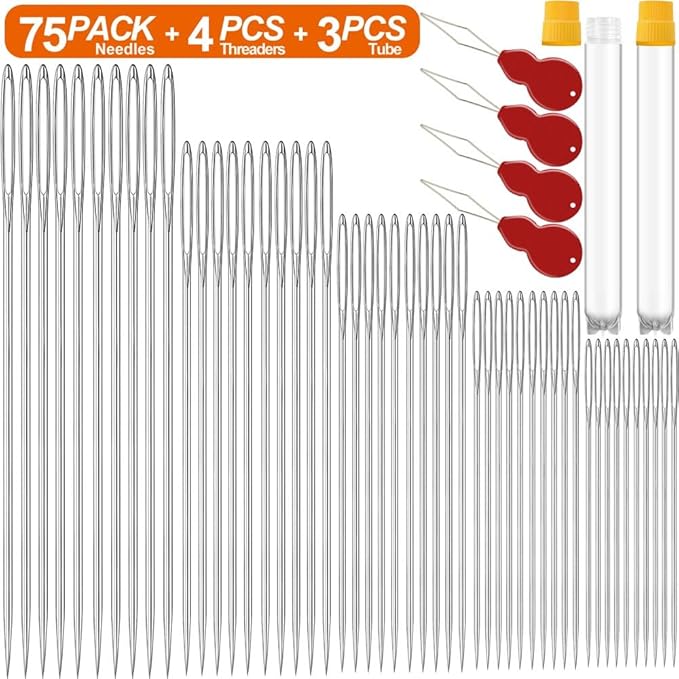 75 Pack Premium Large Eye Needles for Hand Sewing with 4 Needle Threaders, Assorted Sizes, Embroidery Needles for Hand Sewing, Sewing Needles Large Eye, Big Eye Needle