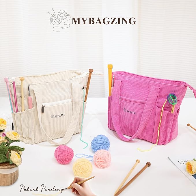 Crochet Bag and Tote - Corduroy Yarn Bag - Yarn Holder for Crocheting - Crochet Storage Bag for Crochet Hooks, Crochet Accessories, Knitting Bag for Crochet Lovers, Mother's Day Gift