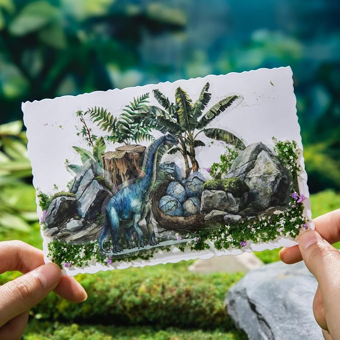60 PCS Large Jurassic Dinosaur Clear Stickers for Scrapbooking, Planner, Watercolor Prehistoric Volcano Forest Dinosaur Vinyl Decals for Teens Adults Crafts, Journaling