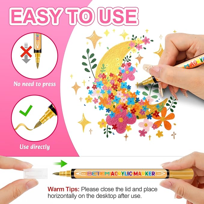 Metallic Acrylic Paint Markers, Dual Tip 24 Colors Acrylic Paint Pens with Brush Tip and Fine Point, markers for black paper, Art Supplies for Rock, Wood, Canvas, Stone, Glass,Grandkids, and Kids