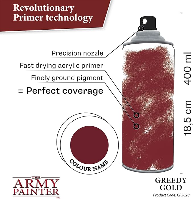 The Army Painter Colour Primer Greedy Gold, 400 mL Acrylic Spray Primer, Spray Paint for Miniature Priming Basecoat, Tabletop Roleplaying, Boardgames, and Wargames Miniature Modelling