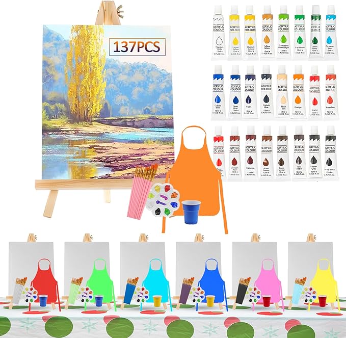 137 Pcs Art Painting Kit Supplies Set for Party - 70 Paint Brushes, 24 Acrylic Paints, 7 Wood Easels & Canvas Panels & Palettes & Aprons & Wash Pen Cup, 1 Plastic Tablecloth