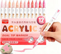 kander 12 Colors Dual Tip Acrylic Paint Markers, Pink Skin Color — Extra Fine & Soft Brush Pen Set with Direct Ink Flow for Sketching, Detailing, Coloring on Wood, Canvas, Rock, Glass, DIY Crafts
