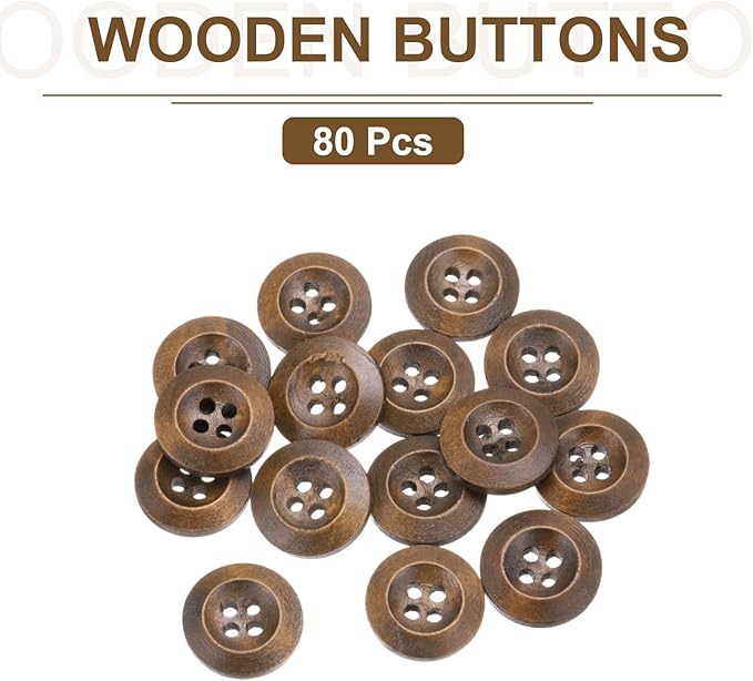 uxcell 80Pcs Wooden Buttons, 20mm(13/16") 4 Hole Round Wood Sewing Button Craft for Sewing DIY Craft Clothing, Coffee