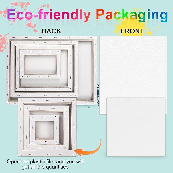 14 Packs Stretched Canvas for Painting, MultiSize 12x16, 10x12, 8x10, 5x7, 8x8, 6x6, 4x4 (2 of Each), Primed Blank Canvas for Oil, Acrylic Paint,for Beginner, Artist.