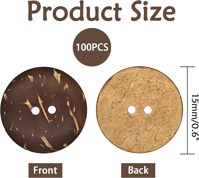 100-Pcs 3/8" Small Natural Coconut Shell Buttons | Bulk Brown Wooden Sewing Replacement Buttons for Sewing Crafts Clothes Decorations (15mm)
