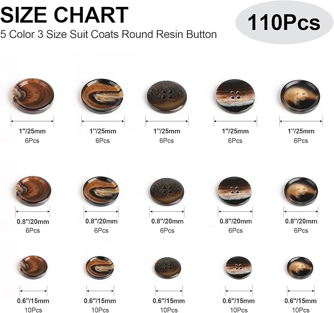 110Pcs Brown Patterned Mixed Sewing Buttons, 4-Hole Craft Round Blazer Buttons, 5 Color 3 Size (15mm, 20mm, 25mm) Suit Coats Resin Button, for Variety Clothing Sewing, DIY Craft (Brown Patterned)