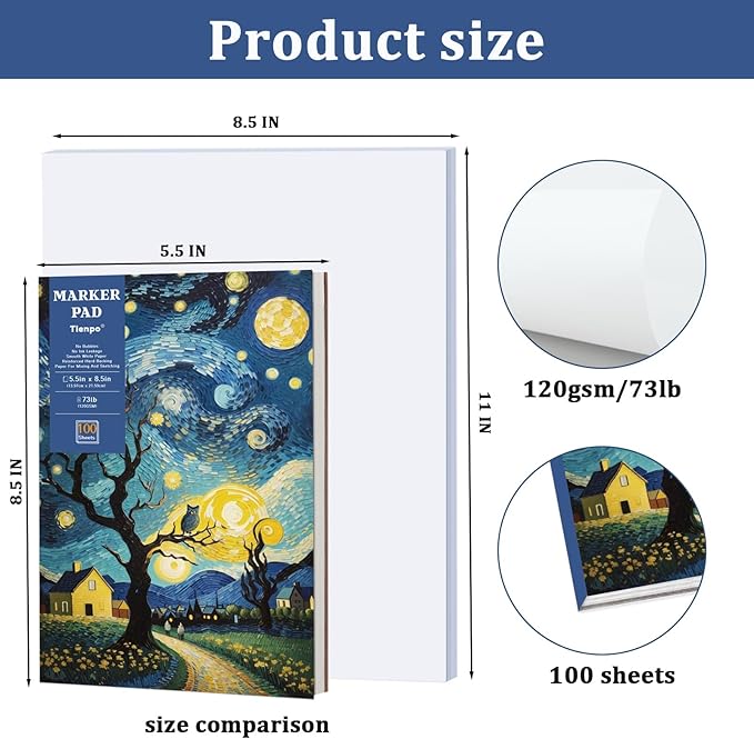 Tlenpo 8.5" x 5.5" Marker Paper Pad, 100 Sheets Bleedproof Sketchbook for Alcohol Markers, 120gsm/73lb Art Sketch Pad Paper Painting Coloring Paper for Drawing & Coloring
