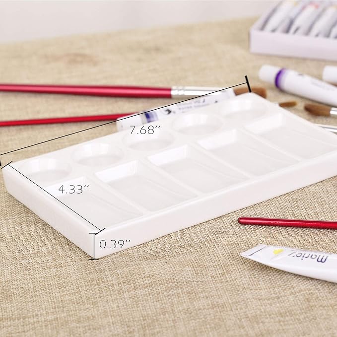 VanEnjoy 10 Wells White Rectangle Ceramic Artist Paint Palette,Porcelain Watercolor Palette,Ceramic Mixing Tray for Watercolor Gouache Painting, 7.6 inch